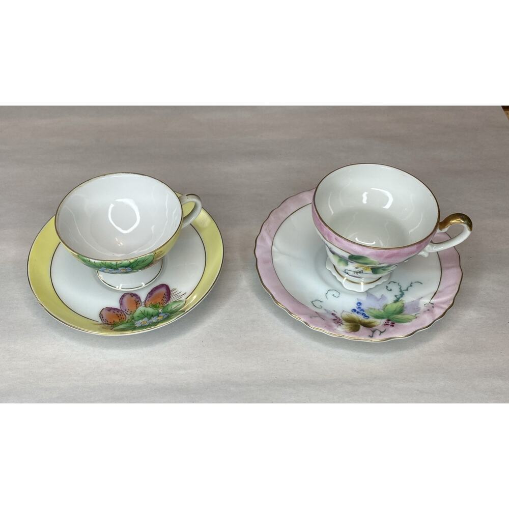 Fern Japan Hand Painted Tea Cup & Saucer Set Of 2 Strawberries Floral 4 PCs